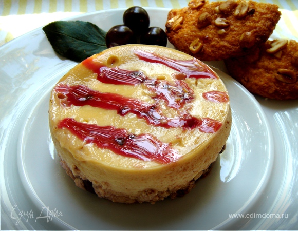 Десерт из запеченной ряженки с вишнями и шоколадом