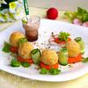 «Весенний букет» из картофельных крокетов на сливочно-морковной «подушке»