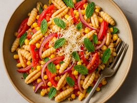 "Готовлю все лето!": паста с кукурузой, мятой и красным луком "Готовлю все лето!": паста с кукурузой, мятой и красным луком