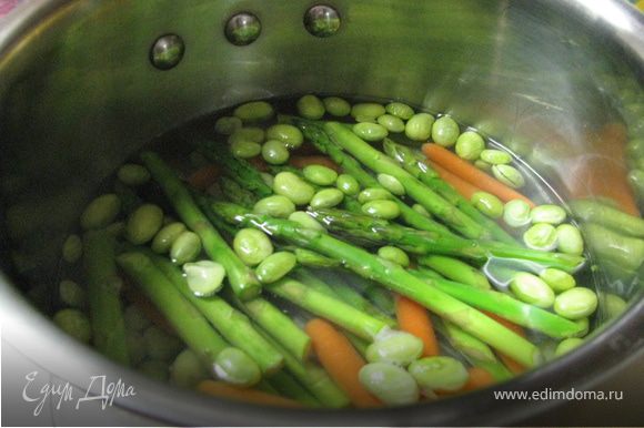 Морковку,спаржу,фасоль варить 8 мин в кипящей подсоленной воде. Откинуть на сито.