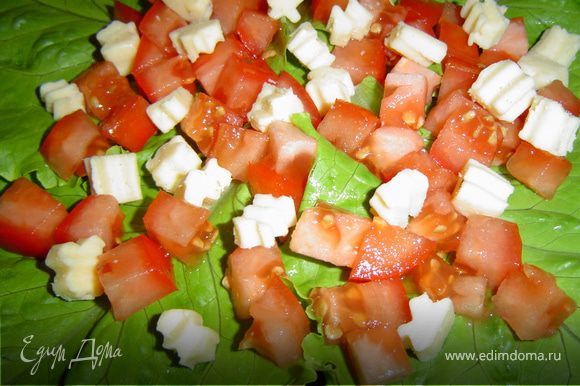 На тарелку кладем листья салата, а сверху, послойно, выкладываем все ингредиенты.