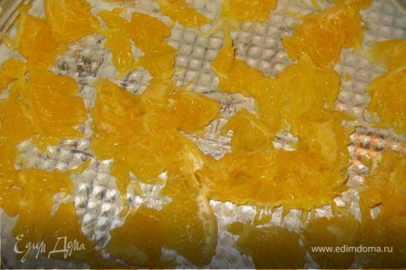 Форму для выпечки смазать сливочным маслом. На дно выложить порезанные дольки апельсинов, очищенные от белой пленки.