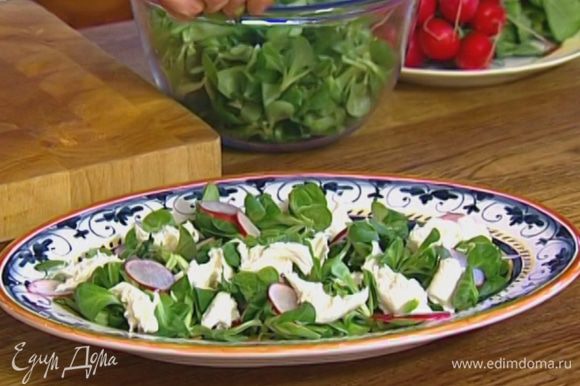 Салатный микс выложить на большое блюдо, а сверху — редиску и моцареллу. Листья мяты порвать руками и посыпать салат.