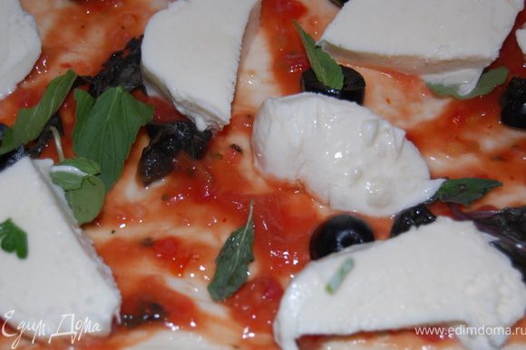 Этот кусок пиццы у меня «а-ля маргарита», выкладываем на соус маслины, базилик и моцареллу , посыпаем приправой.