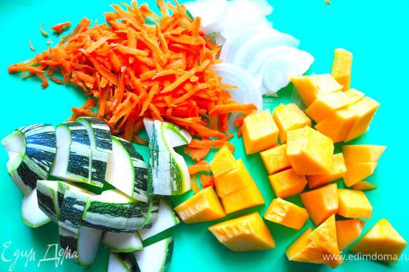 Морковку потереть на крупной терке, лук, фенхель, тыкву и кабачок порезать крупно.
