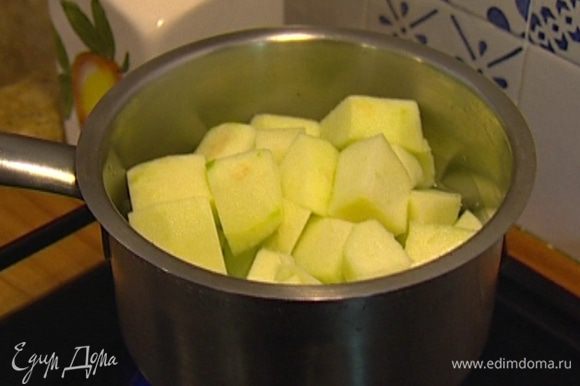 Зеленые яблоки почистить, нарезать кубиками и уложить в небольшую кастрюлю, затем влить 1/2 стакана воды и отваривать, пока не станут мягкими, затем остудить вместе с той водой, в которой они варились.