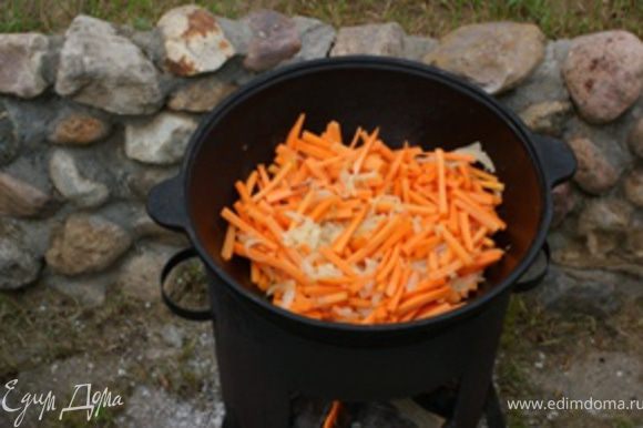 Морковь помыть, очистить и порезать брусочками (толщина около 5 мм, длина около 5 см - т.е. как для плова) и добавить к луку. Продолжать тушить 15-20 минут. Огонь средний.