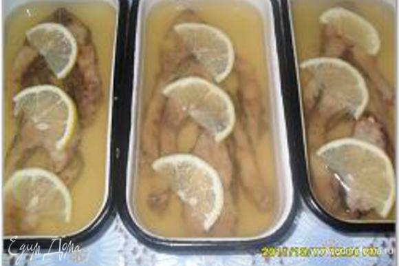 В блюдо с застывшим желе выложить кусочки рыбы и залить аккуратно бульоном с желатином, чтобы он покрывал рыбу. Поставить в холодильник минут на 15.