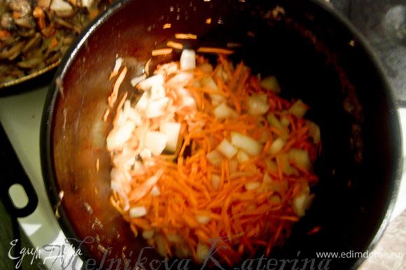 В кастрюле с толстым дном разогреть оливковое масло, добавить натертую на крупной терке морковь, мелко нарезанный лук, чеснок и пассировать несколько минут.