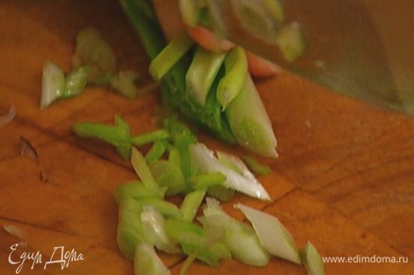 Зеленый лук мелко нарезать и посыпать салат.