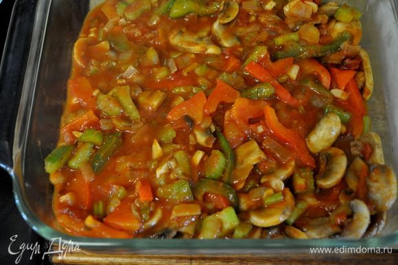 Выложить готовые овощи в жаропрочную посуду.Сверху обжаренные куриные кусочки.И готовить в духовке 30-45мин.
