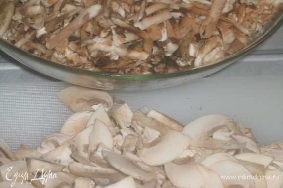 Мелкие грибы нарезать тонкими ломтиками, крупные грибы натереть на крупной терке и добавить их к луку. Тушить под крышкой 20 минут