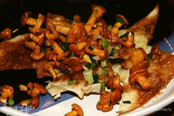 Выложить подсушенные кусочки лаваша на тарелку, а сверху — грибы.