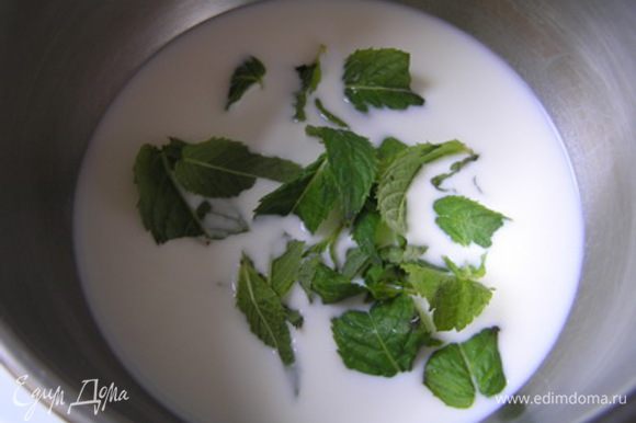 В молоко добавить листья мяты, подогреть почти до кипения (если есть градусник, то до 85°, если нет, то когда от молока начнет подниматься пар).