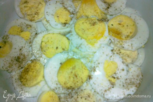 яйца нарезать крупными кольцами,выложить в форму,посолить и поперчить