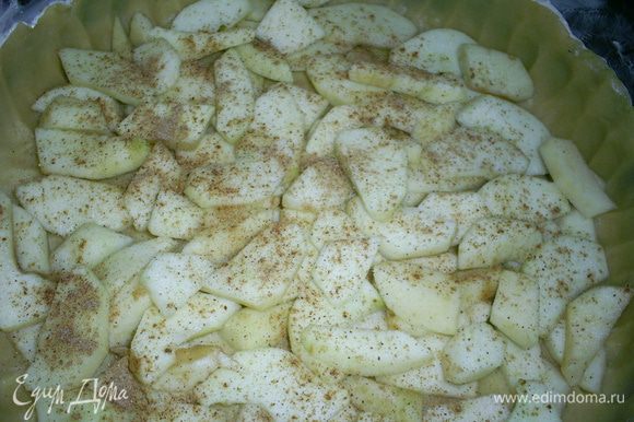 Яблоки моем, чистим, удаляем сердцевину и режем на дольки. Выкладываем слой яблок на тесто. Посыпаем сверху корицей.