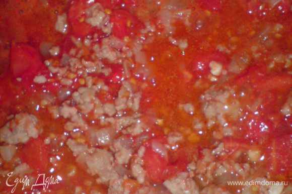 К мясу добавить кусочки помидоров, томатную пасту, корицу, соль и перец. Накрыть крышкой и тушить на слабом огне 20 минут.