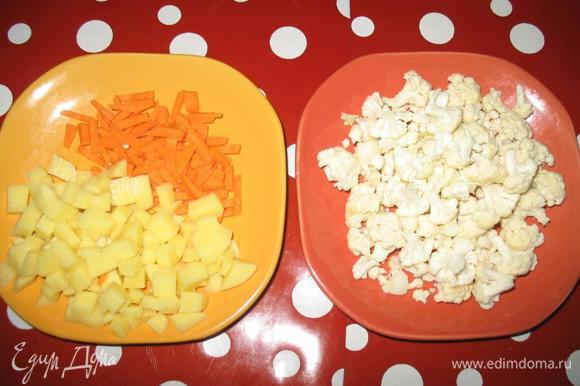 Порезать мелким кубиком картофель, лук мелко порезать, морковь потереть на крупную терку или нарезать тонкой соломкой.