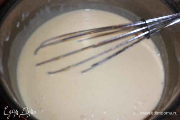 Смешать муку с солью и карри. Добавить молоко, растопленное слив масло и яйца и взбить блендером до однородности. Перелить тесто в миску, накрыть и оставить в теплом месте на 1 ч.