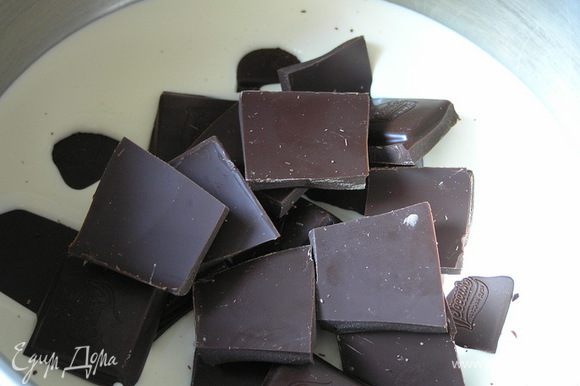 В сливки добавить сахарную пудру и поломанный на кусочки шоколад,