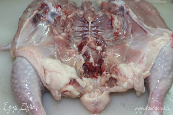 Каждого цыпленка разрезать вдоль по грудке и распять их, приплюснуть (можно аккуратно удалить выпирающие ребра и грудную кость, если очень большая)