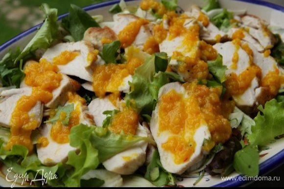 На тарелку выложить листья салата, фенхель, куриное мясо, присыпать кинзой и полить все апельсиновым соусом.