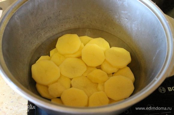 Берем кастрюлю среднего размера, смазываем растительным маслом. Картофель очищаем и режем кружочками примерно 3-4 мм, и укладываем в кастрюлю ровным слоем, посолить слегка.