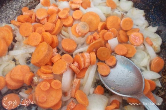 Лук порезать полукольцами, морковь кольцами и пассеровать в небольшом количестве масла,до золотистого цвета.Затем добавить томатную пасту и выключить огонь.