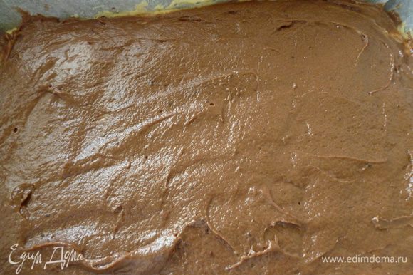 Ко второй половине теста добавить приготовленную смесь какао с молоком, хорошо перемешать. Распределить темное тесто равномерным слоем поверх светлого.
