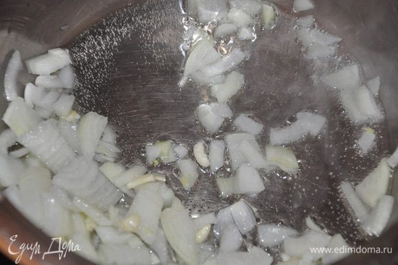 Масло разогреть в кастрюльке, положить лук и чеснок, пассеровать 3-4 минуты,