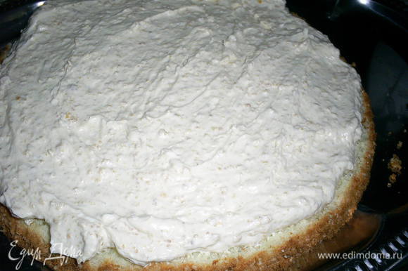 На блюдо кладем пласт бисквита, который был верхом торта, срезом вверх, выкладываем весь грильяжный крем.