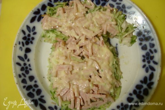 Салат выкладываем на плоскую тарелку слоями в форме деда мороза и промазываем майонезом: курица, грибы, огурец, ветчина, сыр.