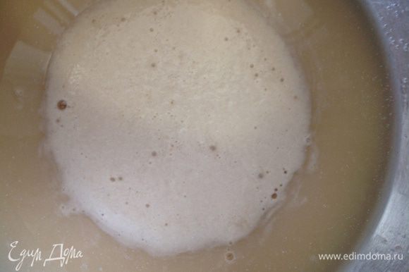 В миске смешать теплую воду, мед (или сахар 1 ст.л.), дрожжи и оставить на 10-15 минут или пока дрожжи не начнут пускать пузыри.