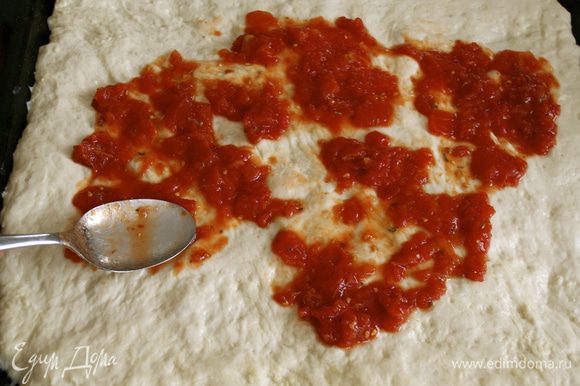 Выложить 2/3 помидорной смеси на тесто.