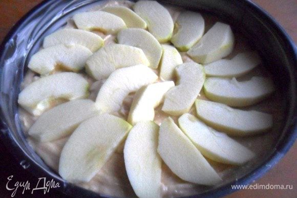 Форму диаметром 23 см смазать маслом. В подготовленную фору выложить тесто. Яблоки вымыть, обсушить, удалить сердцевину, очистить и нарезать ломтиками. Выложить на тесто.