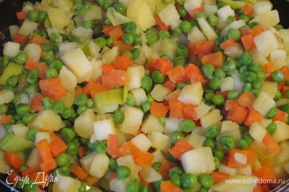 Добавить картофель, морковь, горошек и готовить 4-5 минут. Остудить.
