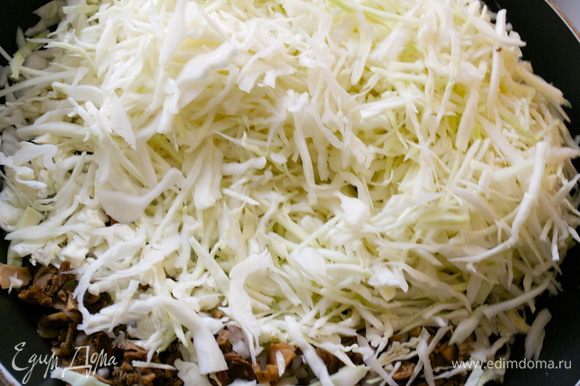 Капусту тонко нашинковать (небольшой кочан молодой капусты). В большой сковороде разогреть 2 ст.л. растительного масла и выложить нарезанные овощи.