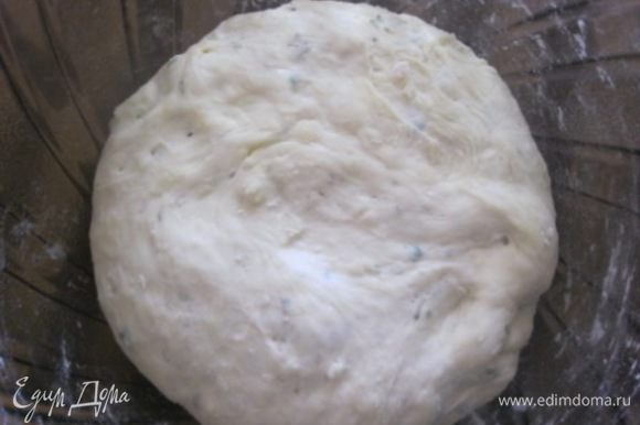 Выложить тесто на поверхность присыпанную мукой и месить минут 5. Сформировать шар, накрыть миску полотенцем и оставить на 1.5-2 часа, до удвоения в размере.