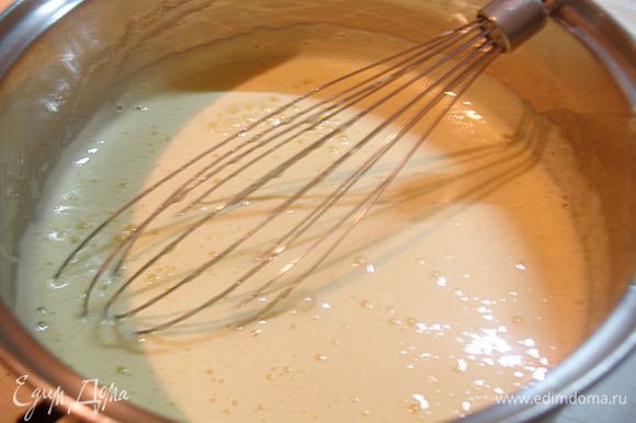 Горячую молочно-медовую смесь тонкой струйкой влить во взбитые желтки постоянно помешивая. Поставить на огонь и помешивая довести до 85°С.