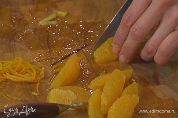 Цедру апельсина срезать тонкой стружкой или натереть на мелкой терке, затем снять кожуру, удалить перепонки и вырезать мякоть.
