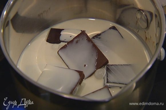 Приготовить глазурь: шоколад поломать, выложить в небольшую кастрюлю, влить сливки и все растопить на медленном огне.