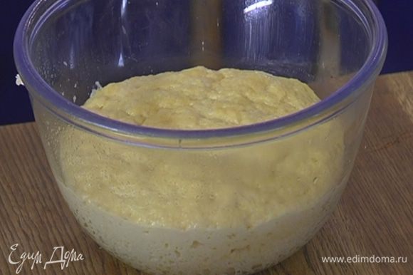 Выложить тесто в миску, смазанную 1 ч. ложкой сливочного масла, накрыть влажным полотенцем и поместить в теплое место на 40 минут.