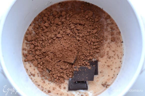 Шоколад распустить на водяной бане с какао-порошком и 100 мл молока, соединить с блинным тестом. Перемешать.