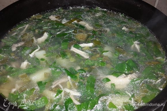 Отправляем в суп щавель со шпинатом, перемешиваем, варим примерно 2-3 минуты, закладываем курицу, снова перемешиваем.