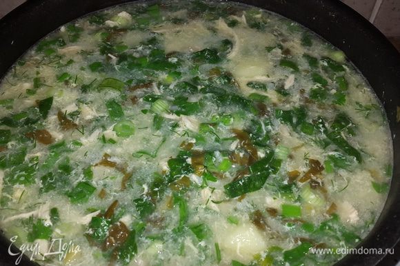В миске взбиваем вилкой 2 яйца и, помешивая, струйкой вливаем в суп. Затем солим, добавляем зелень, перемешиваем, как только суп начнет закипать - выключаем. Даем супу отдохнуть и настояться хотя бы 15 минут.