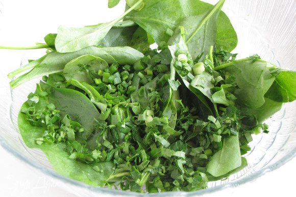 Салатные листы промыть и обсушить. Нарезать мелко зеленый лук и петрушку. Смешать зелень с салатными листьями.