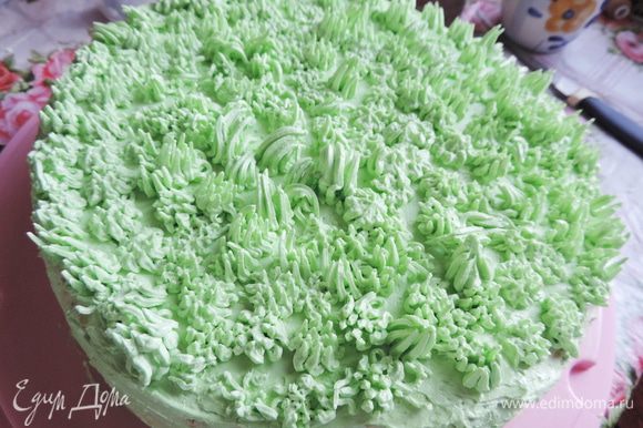 Готовый крем я подкрасила зеленым пищевым красителем.Сначала я обмазала весь торт тонким слоем крема. БОльшую часть крема я отложила в кондитерский мешок с насадкой "травка" и оформила верх торта.
