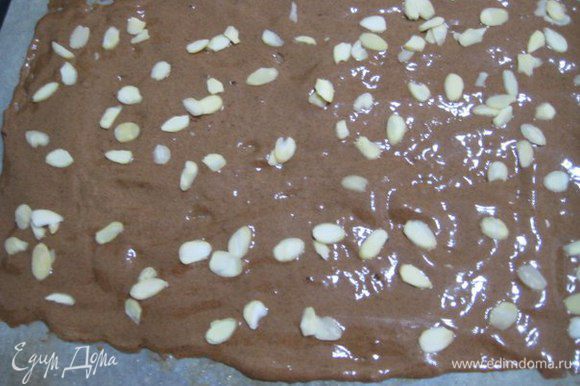 Аккуратно вмешать смесь просеянной муки и какао-порошка. Вылить тесто на противень, разровнять до толщины 0,5 см. Сверху посыпать лепестками миндаля. Выпекать 6-8 минут.