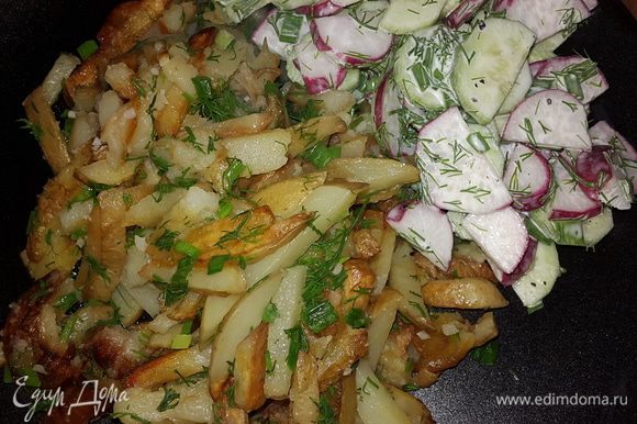 Салат с курицей, жареной картошкой и свежим огурцом
