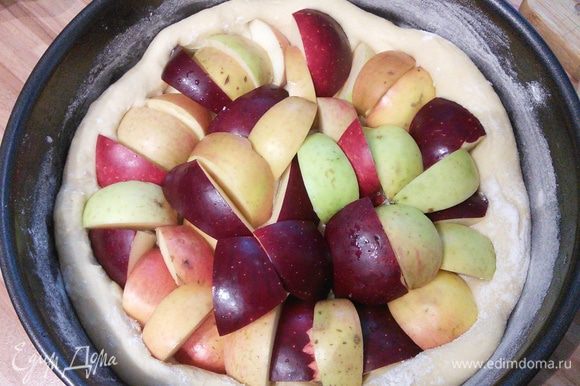 Яблоки помыть, разрезать на четвертинки и уложить плотно кожицей кверху. Яблоки лучше выбрать мелкие, в зависимости от размера их может понадобиться от 10 до 15 штук.